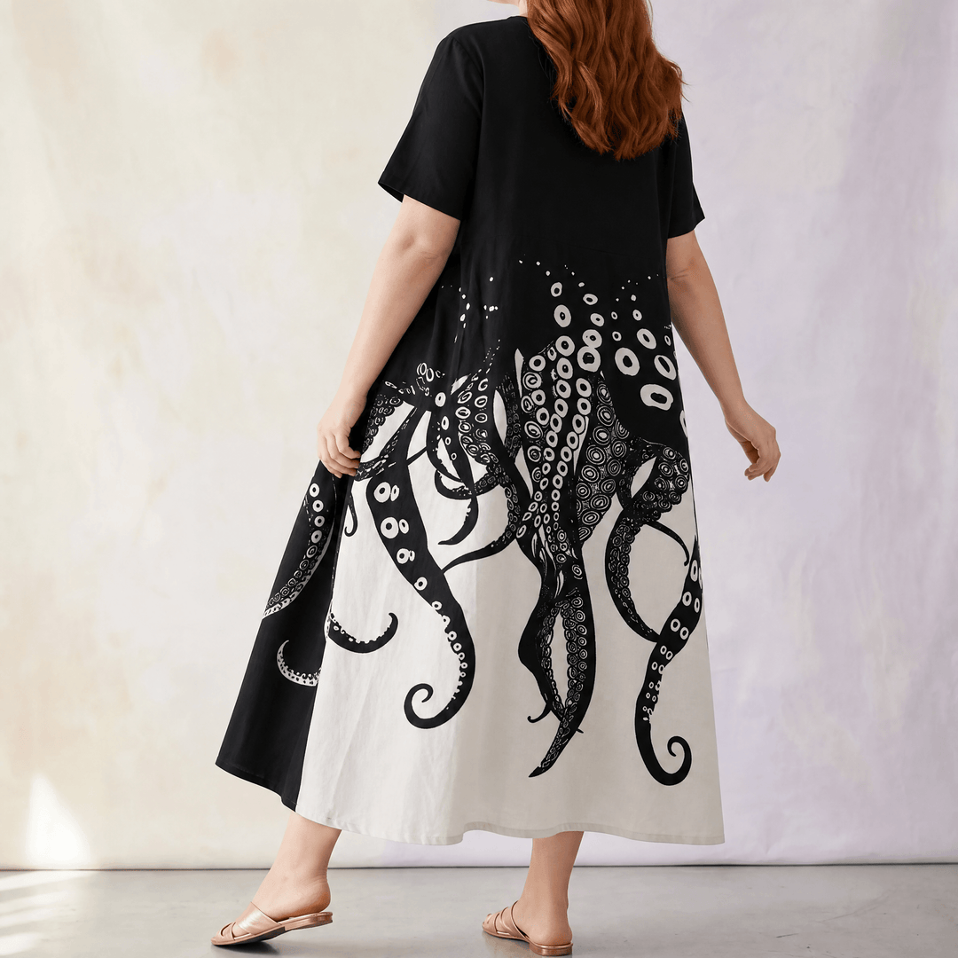 Luna – Women's Artsy Print Plus-Size Midi Dress Black Octopus