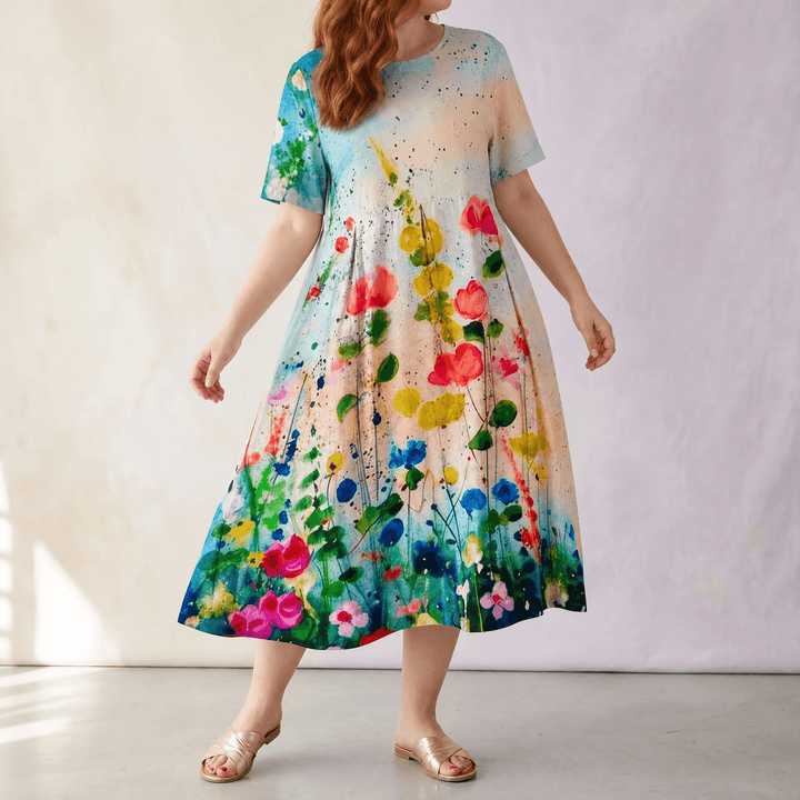 Luna – Women's Artsy Print Plus-Size Midi Dress Watercolor Garden