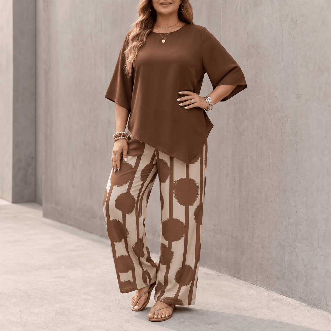 Luna – Women's Asymmetric Drape 2-Piece Set with Wide-Leg Print Pants Brown /