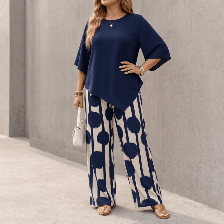 Luna – Women's Asymmetric Drape 2-Piece Set with Wide-Leg Print Pants Navy /