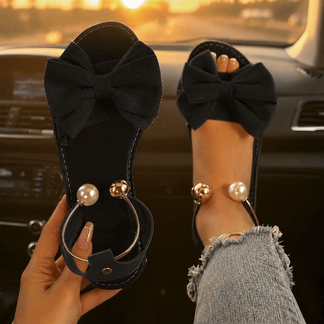 Lunabow – Bow Flat Sandals with Pearl Ankle Cuff Black