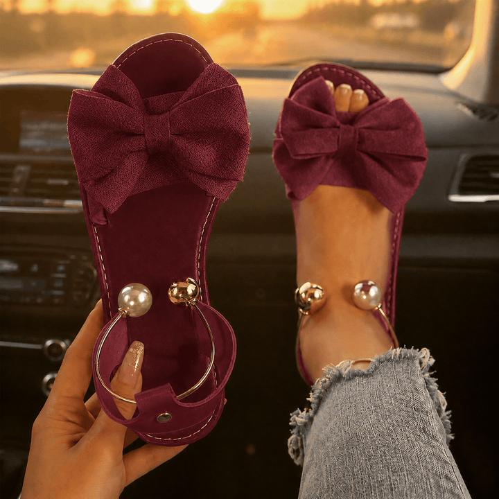Lunabow – Bow Flat Sandals with Pearl Ankle Cuff Burgundy