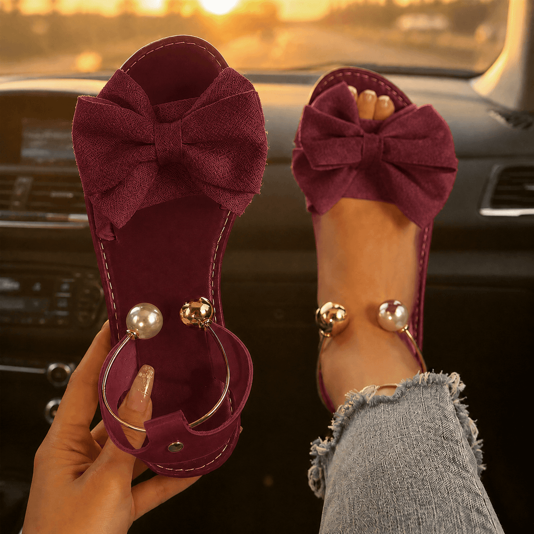 Lunabow – Bow Flat Sandals with Pearl Ankle Cuff Burgundy