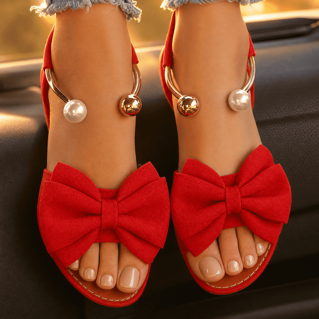 Lunabow – Bow Flat Sandals with Pearl Ankle Cuff Red / 5