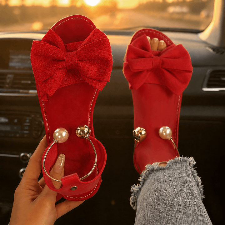 Lunabow – Bow Flat Sandals with Pearl Ankle Cuff Red