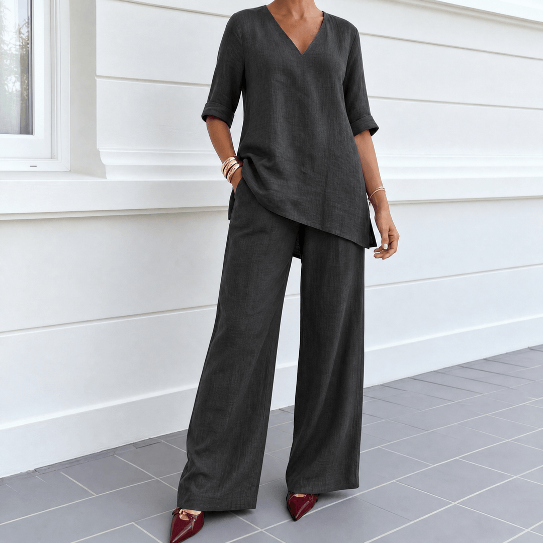 Lunara – Women's Asymmetric Linen Co-Ord Set Charcoal / S