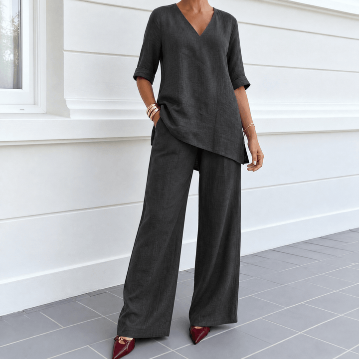 Lunara – Women's Asymmetric Linen Co-Ord Set Charcoal / S