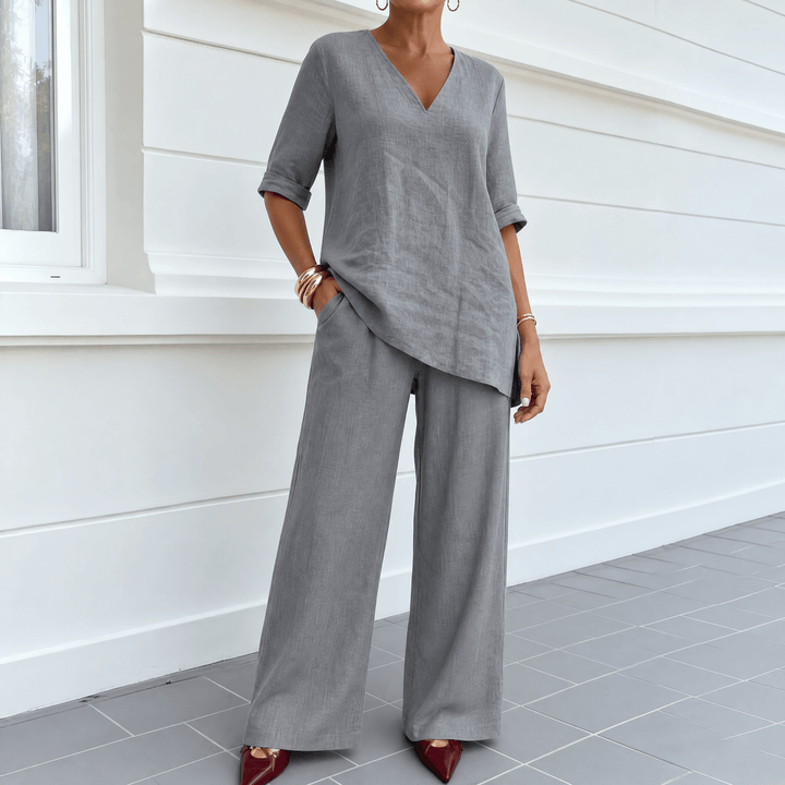 Lunara – Women's Asymmetric Linen Co-Ord Set Grey / S