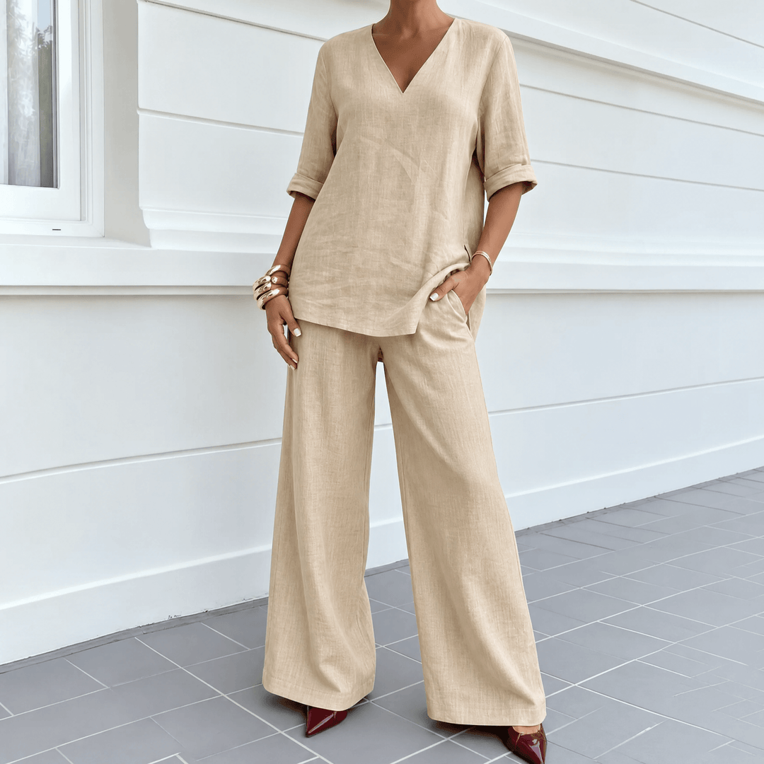 Lunara – Women's Asymmetric Linen Co-Ord Set Sand Beige / S