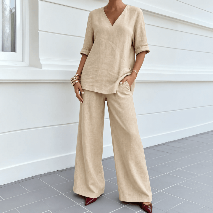 Lunara – Women's Asymmetric Linen Co-Ord Set Sand Beige / S