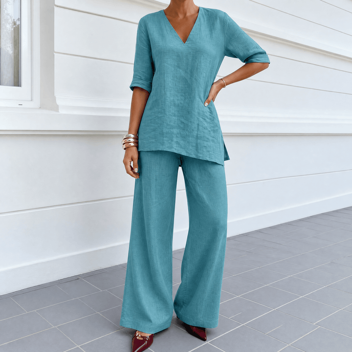 Lunara – Women's Asymmetric Linen Co-Ord Set Teal / S