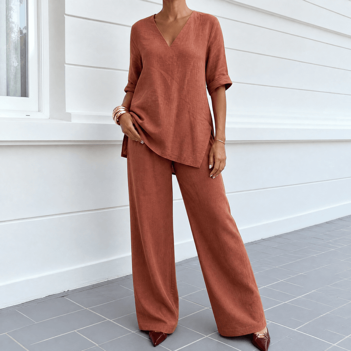Lunara – Women's Asymmetric Linen Co-Ord Set Terracotta / S