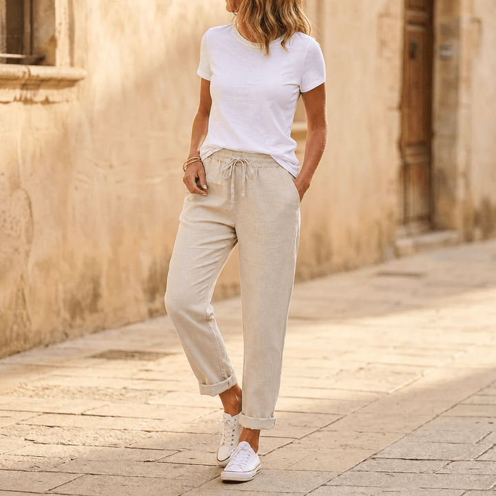 Lunara – Women's lightweight linen look summer pants Beige