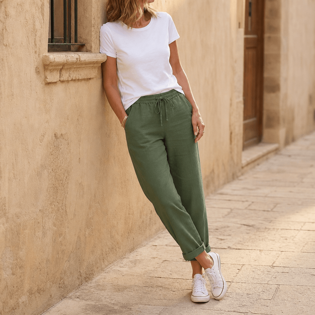 Lunara – Women's lightweight linen look summer pants Forest Green