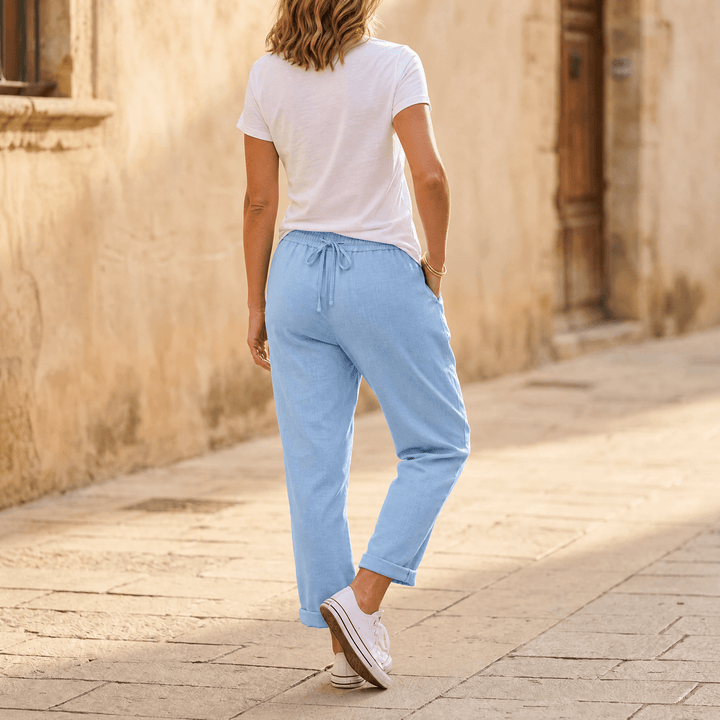 Lunara – Women's lightweight linen look summer pants Sky Blue