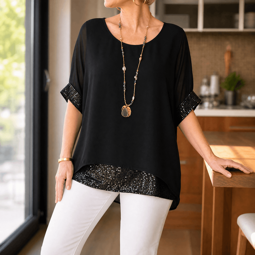 Lunara – Women's Sequin Trim Layered Chiffon Top Classic Black / S