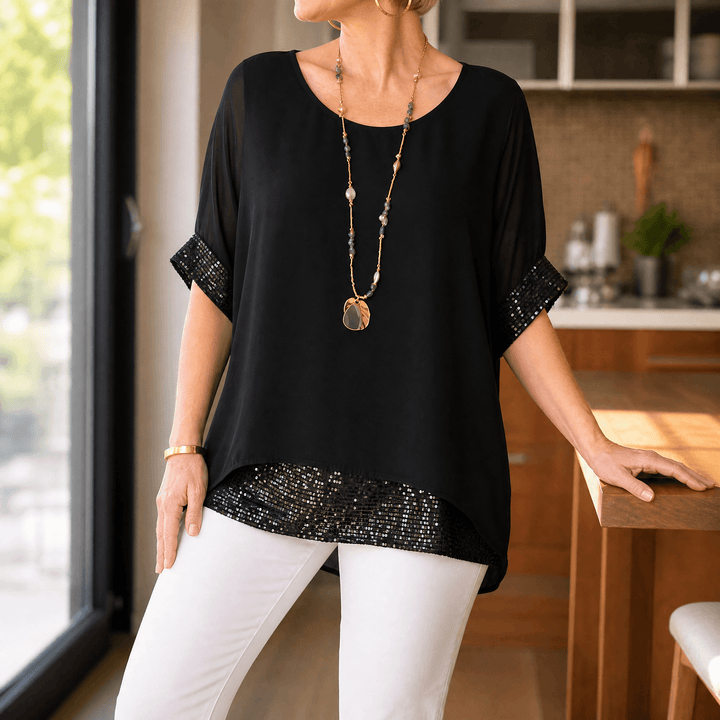 Lunara – Women's Sequin Trim Layered Chiffon Top Classic Black / S