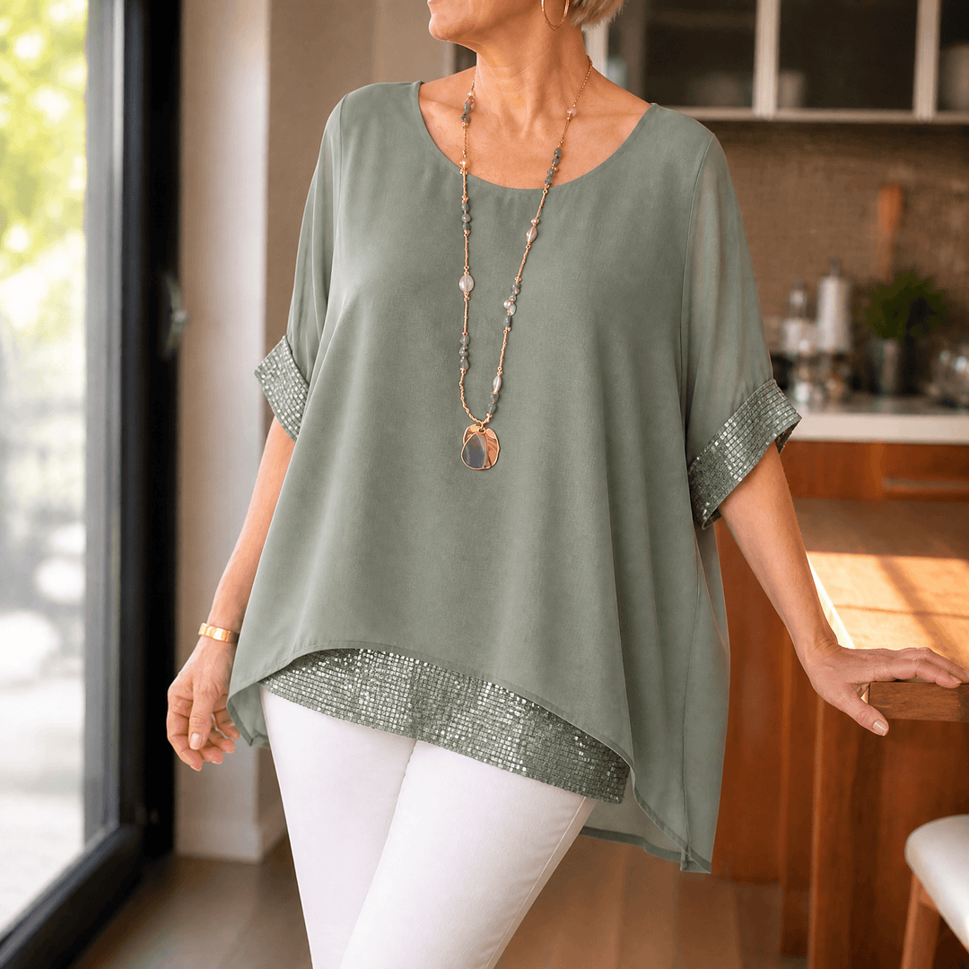 Lunara – Women's Sequin Trim Layered Chiffon Top Sage Green / S