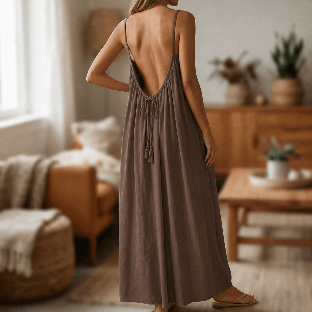 Lunavia – Backless Cami Maxi Dress for Warm Summer Days Brown