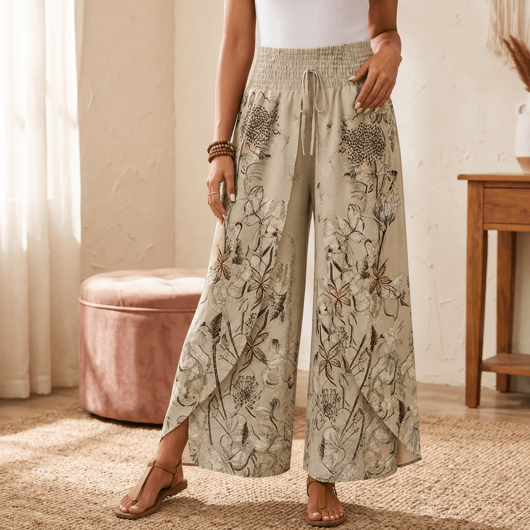 Lunavia – Women's Boho Floral Wide-Leg Pants Champagne Floral