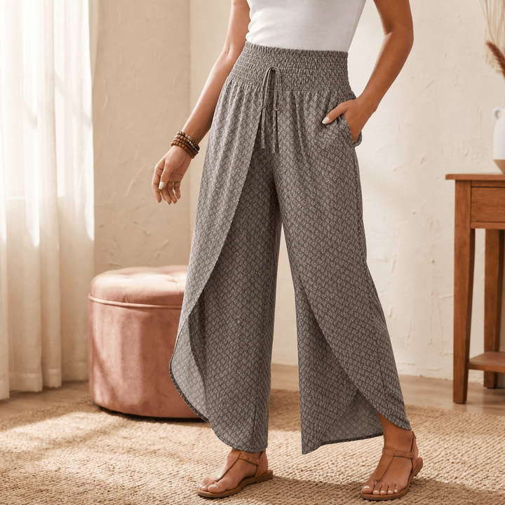 Lunavia – Women's Boho Floral Wide-Leg Pants Khaki Geometric