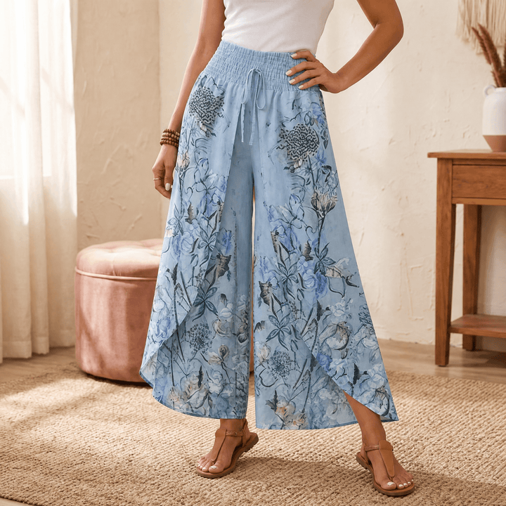 Lunavia – Women's Boho Floral Wide-Leg Pants Light Blue Floral