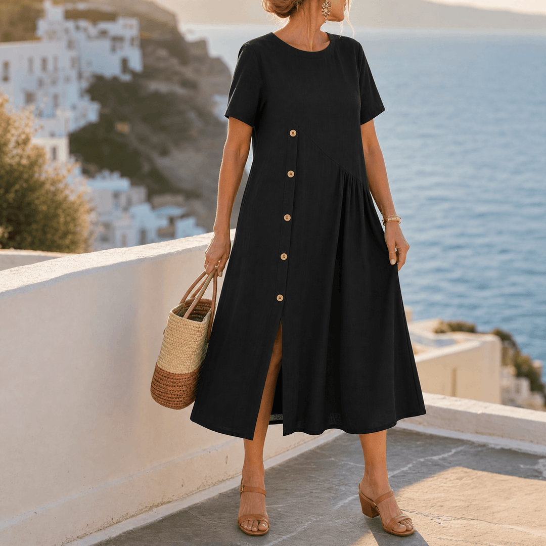 Lunavia – Women's Cotton-Linen Asymmetric Button Midi Dress Black