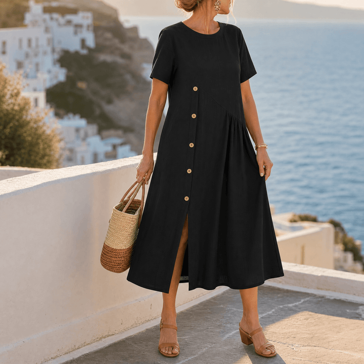 Lunavia – Women's Cotton-Linen Asymmetric Button Midi Dress Black