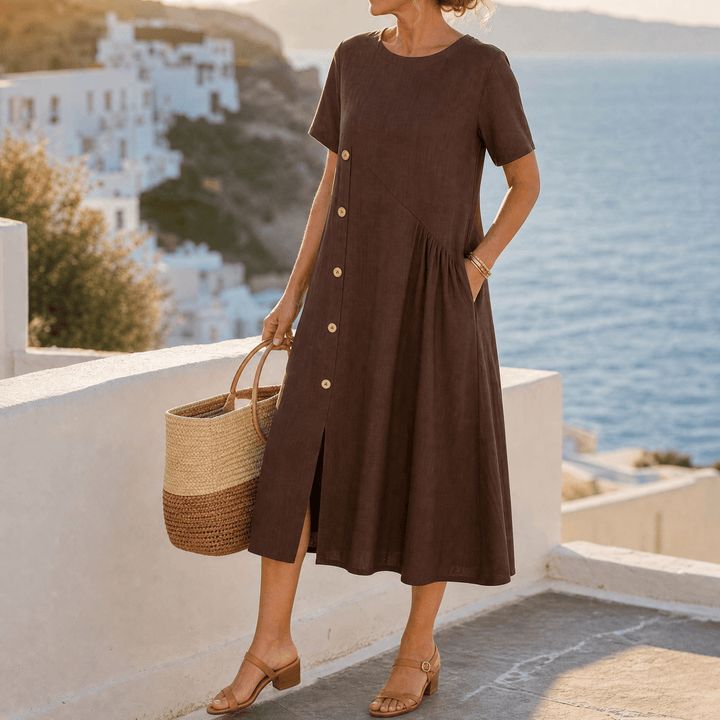 Lunavia – Women's Cotton-Linen Asymmetric Button Midi Dress Coffee