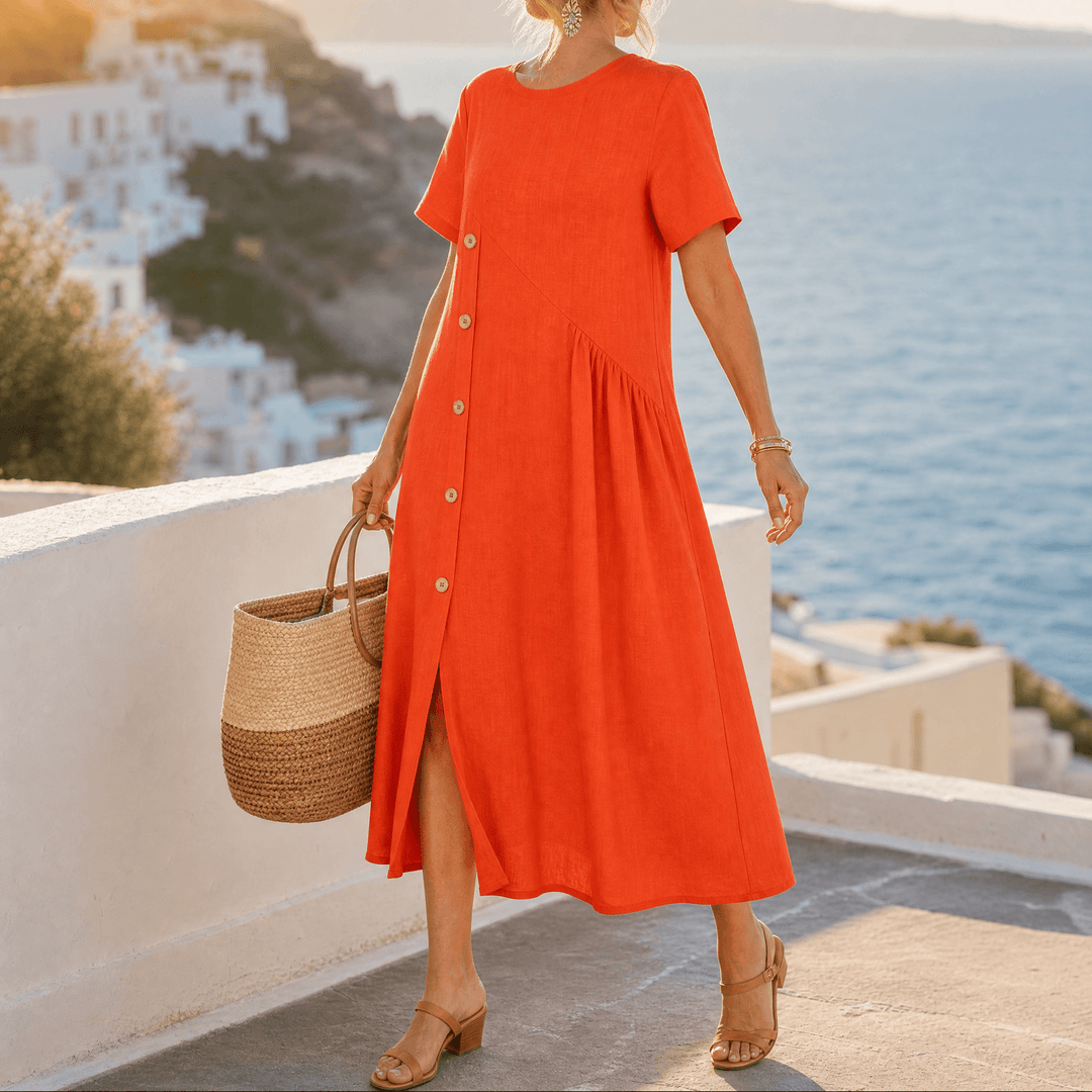Lunavia – Women's Cotton-Linen Asymmetric Button Midi Dress Coral