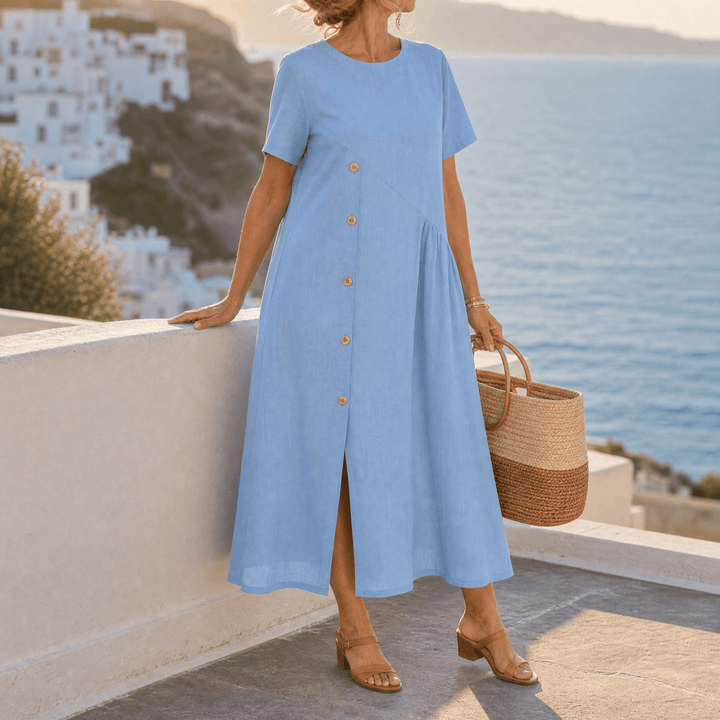 Lunavia – Women's Cotton-Linen Asymmetric Button Midi Dress Powder Blue