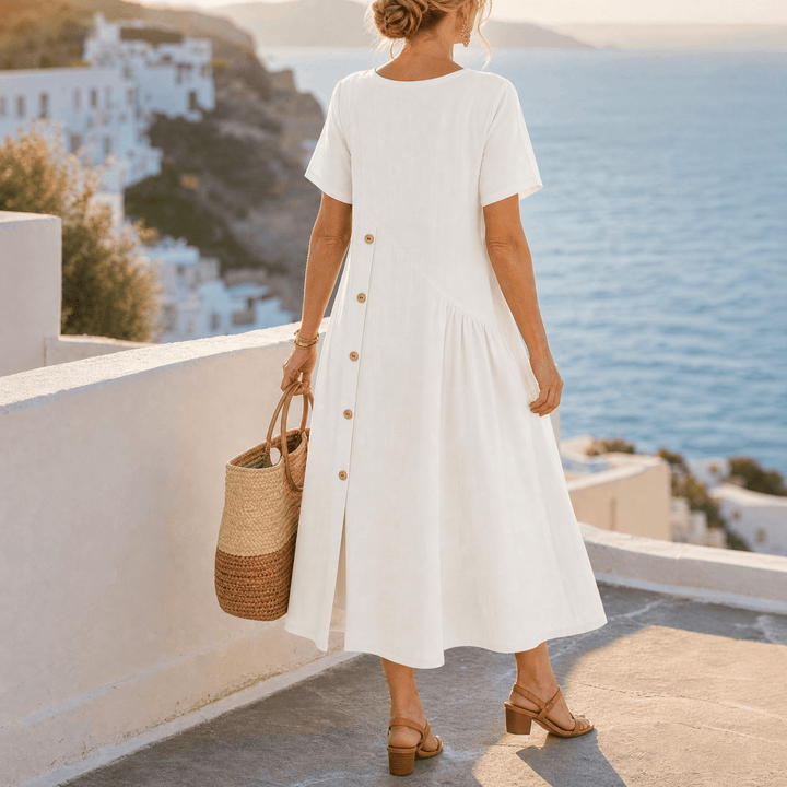 Lunavia – Women's Cotton-Linen Asymmetric Button Midi Dress White