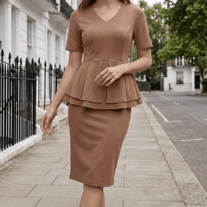 Lunavia – Women's Elegant Color-Block Peplum Set Brown /