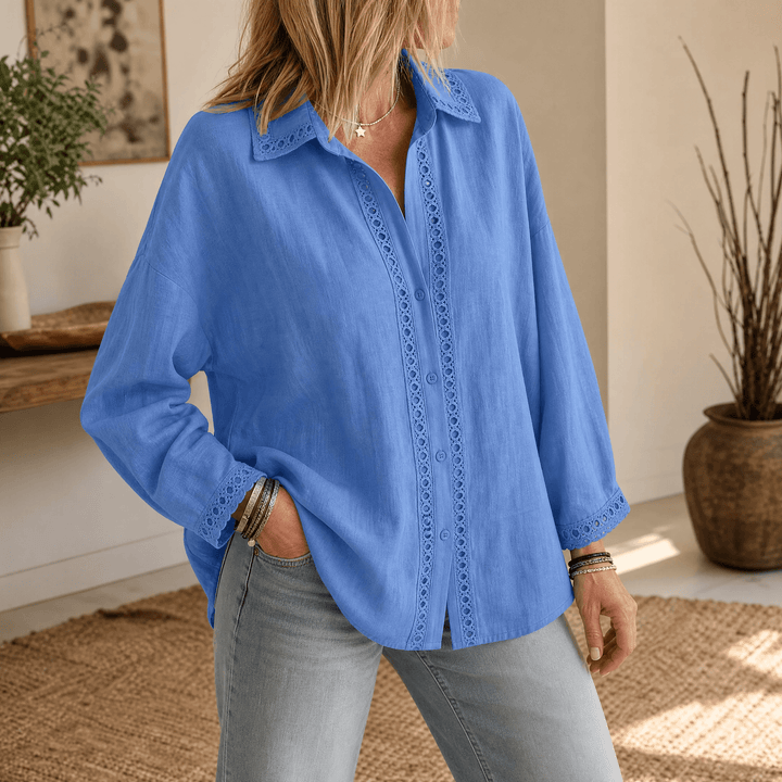 Lunavia – Women's Eyelet Trim Button-Down Blouse Blue / S (US 4-6)