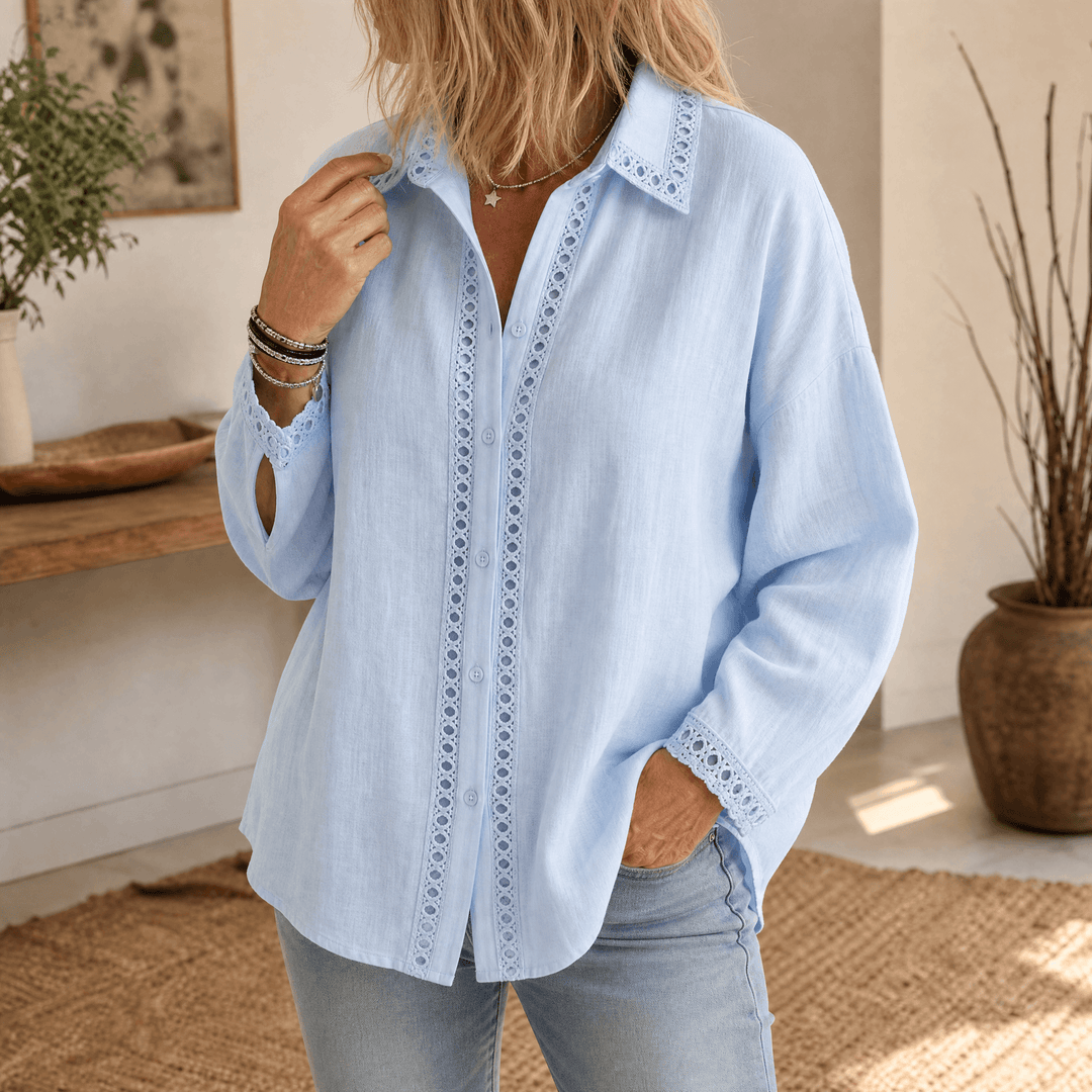 Lunavia – Women's Eyelet Trim Button-Down Blouse Powder Blue / S (US 4-6)