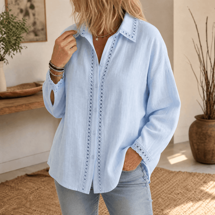 Lunavia – Women's Eyelet Trim Button-Down Blouse Powder Blue / S (US 4-6)
