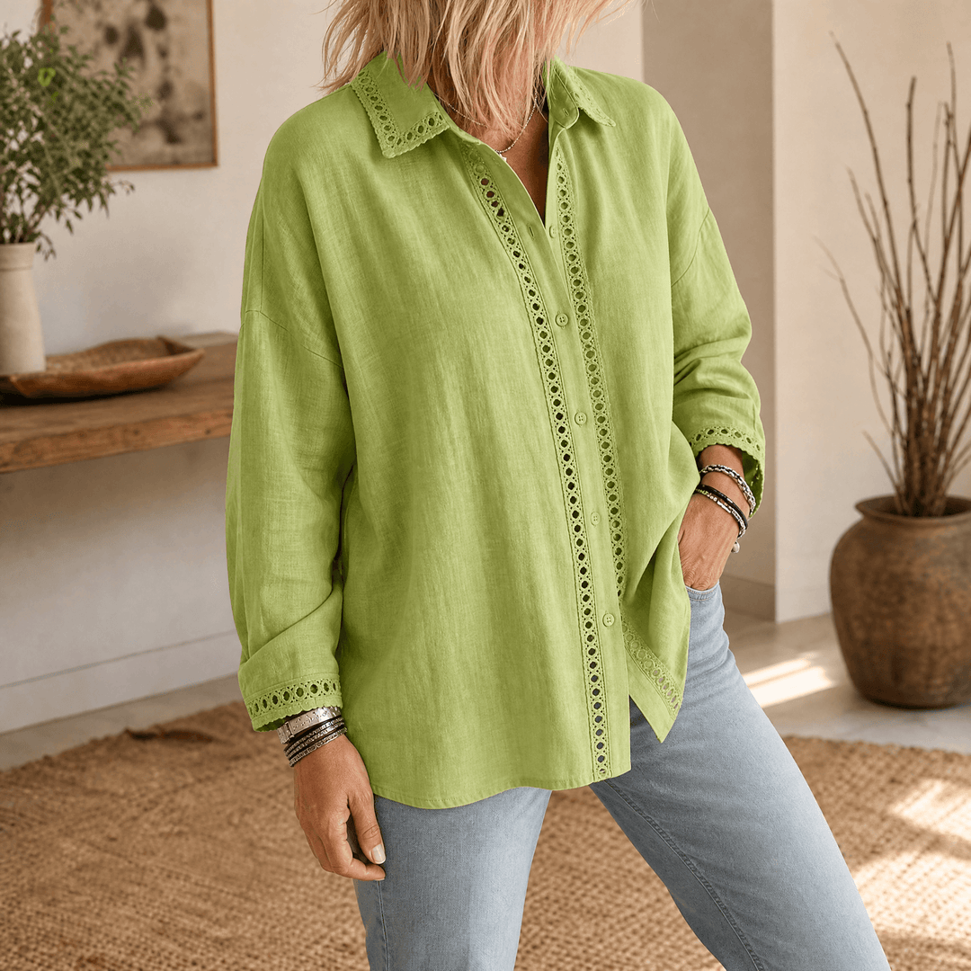 Lunavia – Women's Eyelet Trim Button-Down Blouse Sage Green / S (US 4-6)