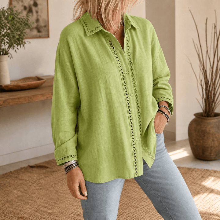 Lunavia – Women's Eyelet Trim Button-Down Blouse Sage Green / S (US 4-6)