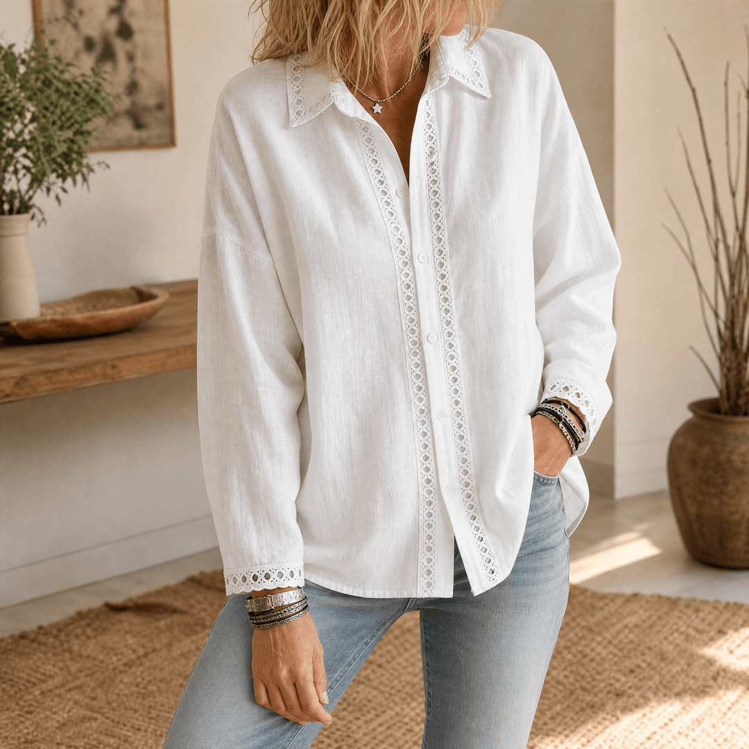 Lunavia – Women's Eyelet Trim Button-Down Blouse White / S (US 4-6)
