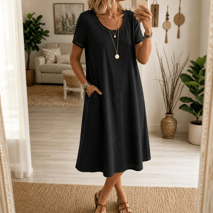 Lunavia – Women's Eyelet Trim Linen Midi Dress Black