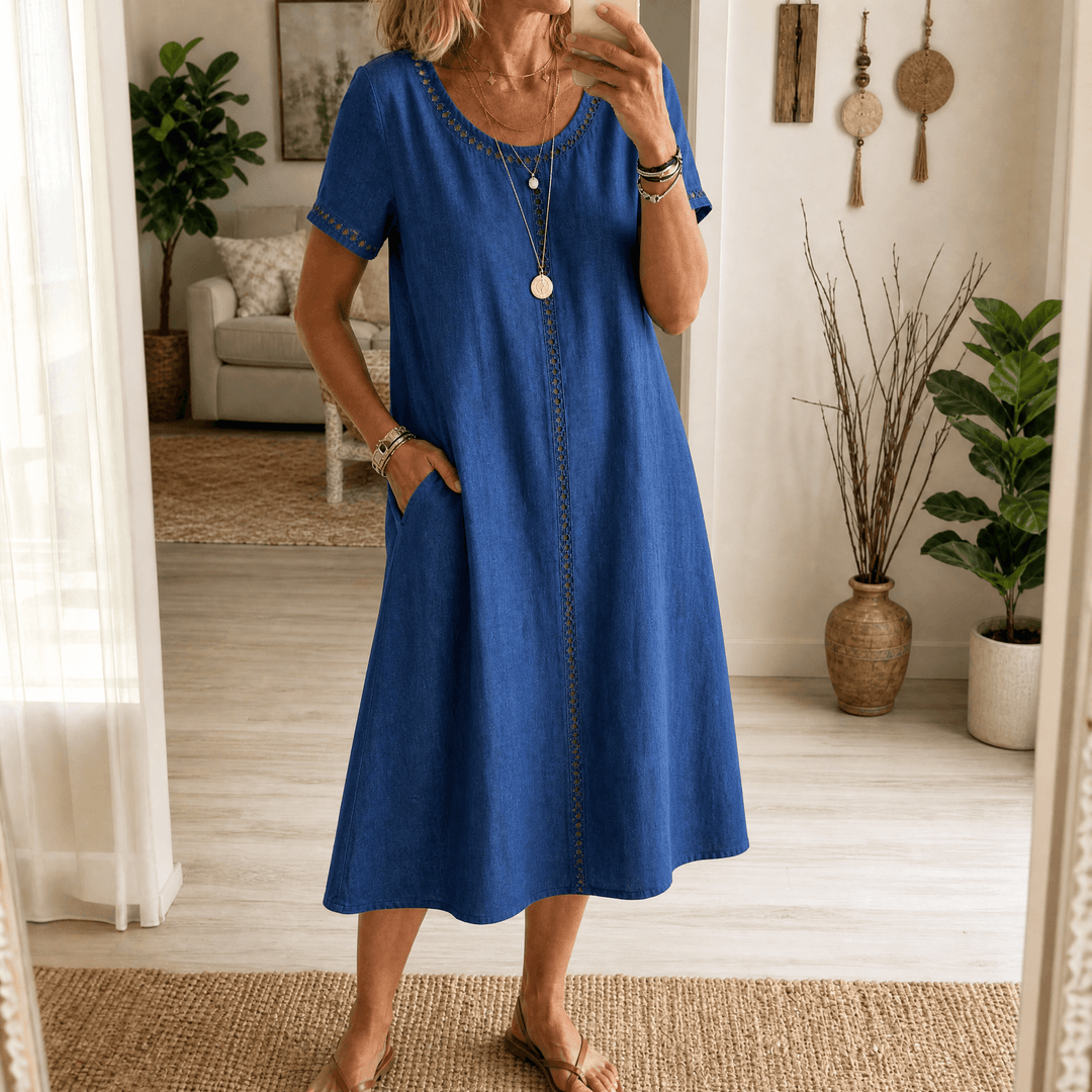 Lunavia – Women's Eyelet Trim Linen Midi Dress Denim Blue