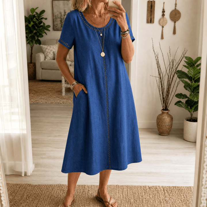 Lunavia – Women's Eyelet Trim Linen Midi Dress Denim Blue
