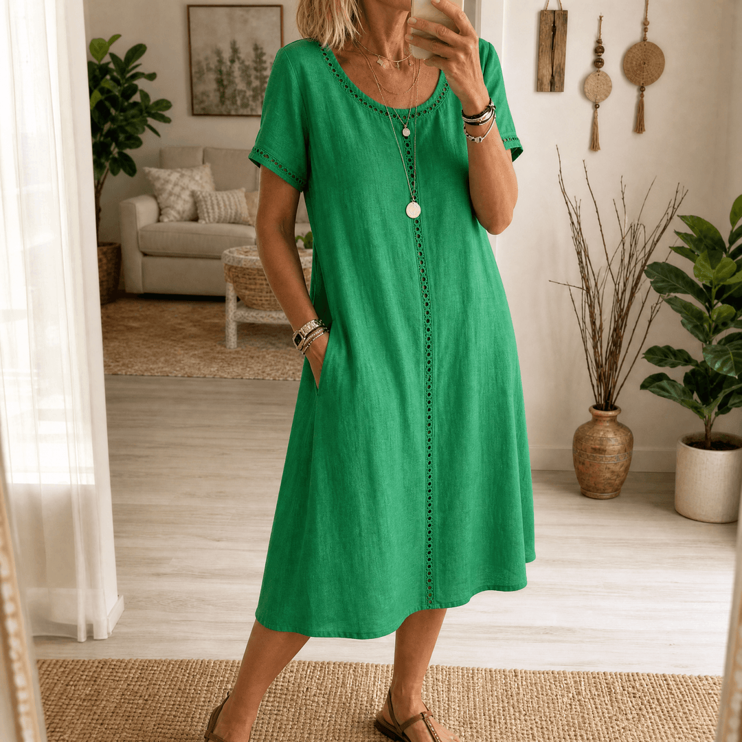 Lunavia – Women's Eyelet Trim Linen Midi Dress Green
