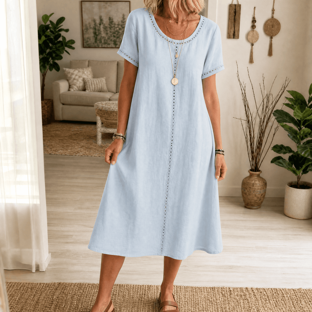 Lunavia – Women's Eyelet Trim Linen Midi Dress Sky Blue