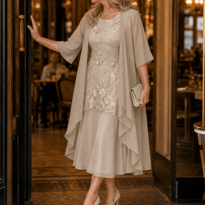 Lunavia – Women's Floral Lace Dress Set with Chiffon Shawl Champagne
