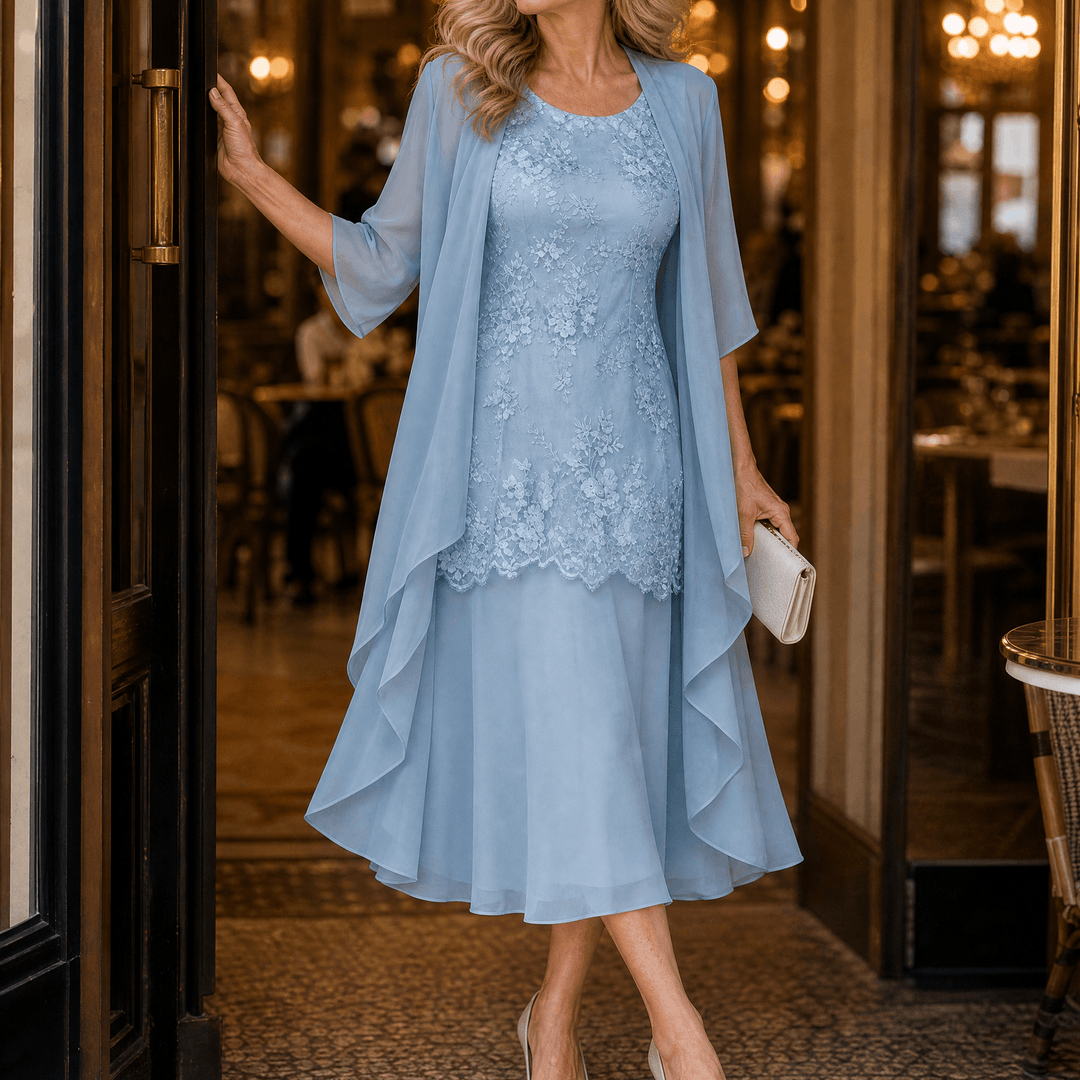 Lunavia – Women's Floral Lace Dress Set with Chiffon Shawl Dusty Blue