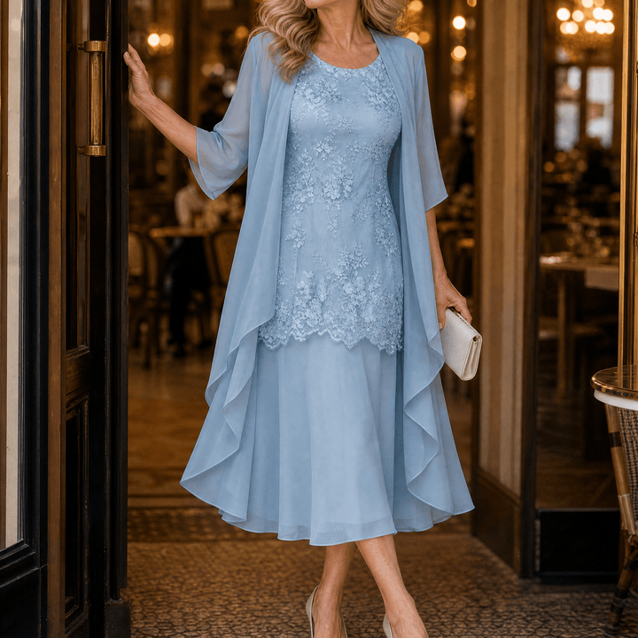 Lunavia – Women's Floral Lace Dress Set with Chiffon Shawl Dusty Blue