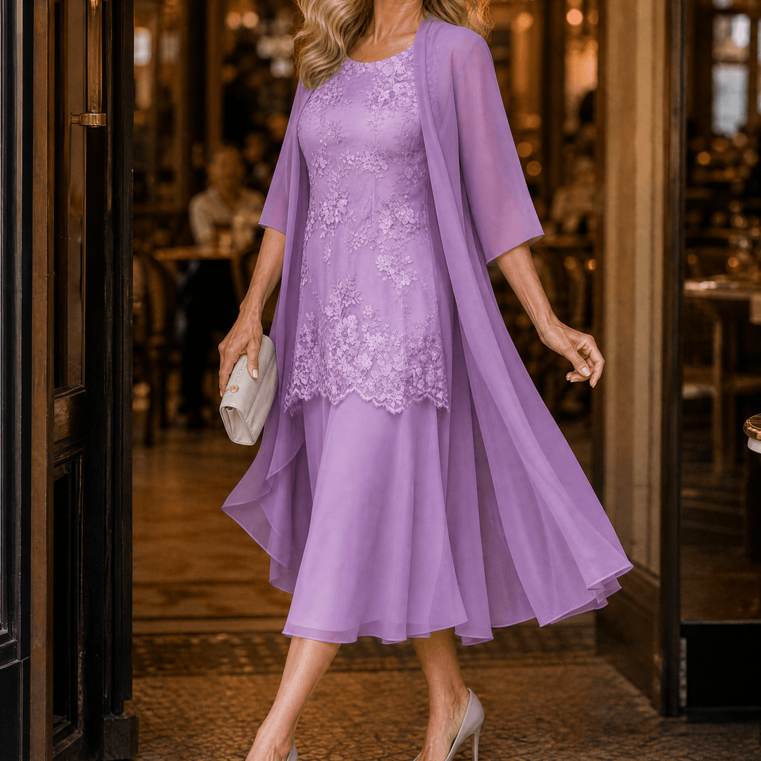Lunavia – Women's Floral Lace Dress Set with Chiffon Shawl Lilac