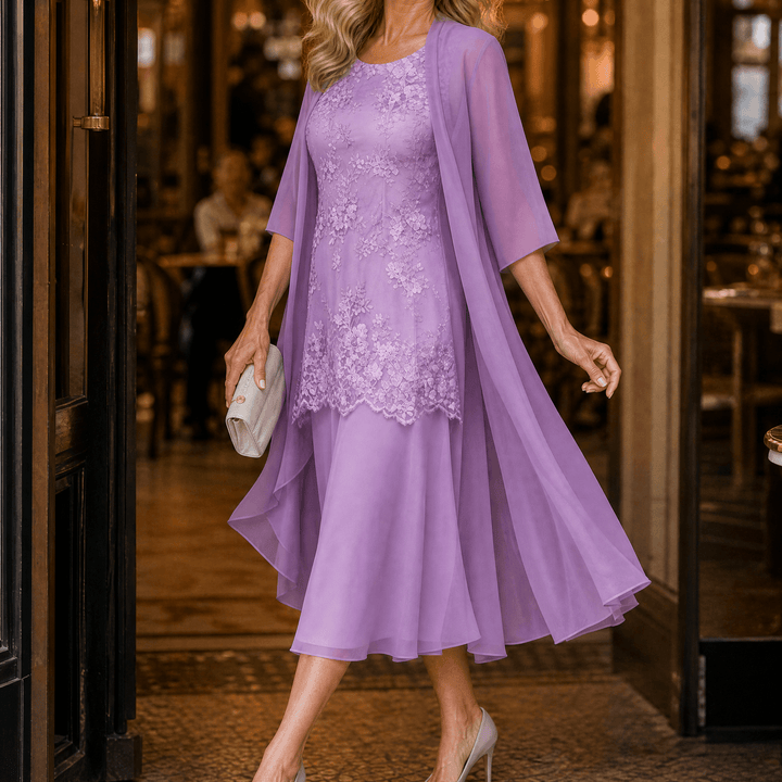 Lunavia – Women's Floral Lace Dress Set with Chiffon Shawl Lilac