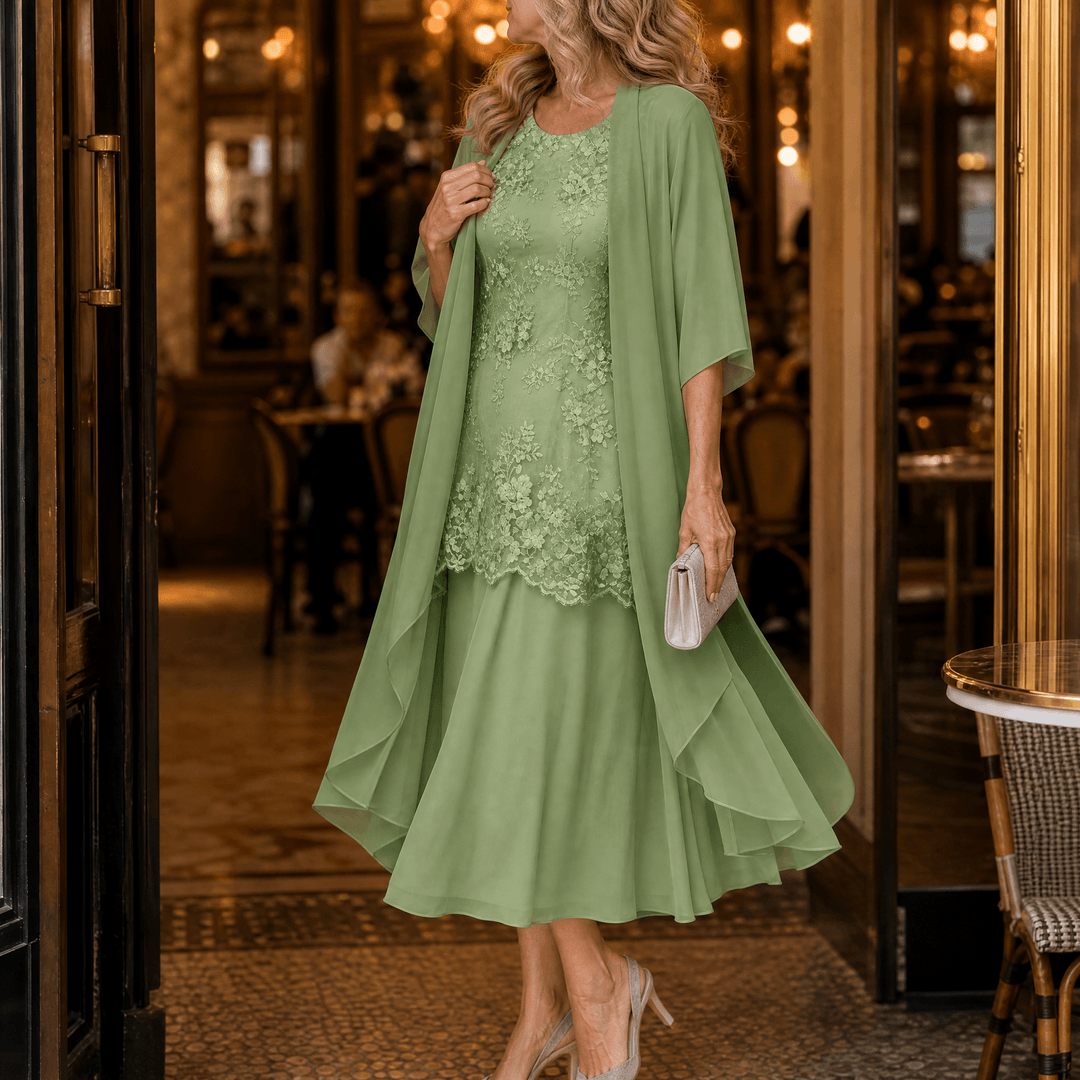 Lunavia – Women's Floral Lace Dress Set with Chiffon Shawl Sage Green